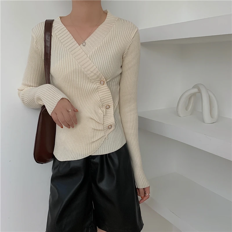 

Women Knitted Pullover Asymmetric Botton Up Ladies Tops Long Sleeve Sweater Solid Thin V-neck Clothing Female Basic Sweaters Top