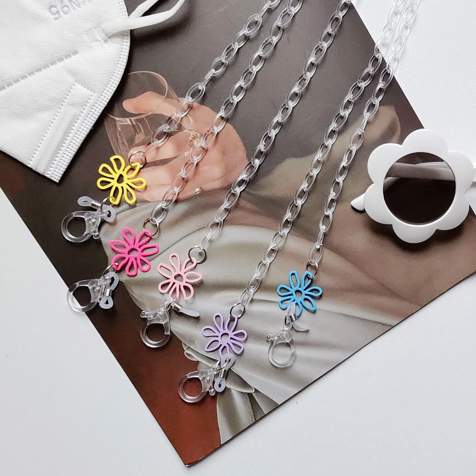 

New simple personality candy color alloy flower lanyard necklace glasses chain earphone chain mask belt