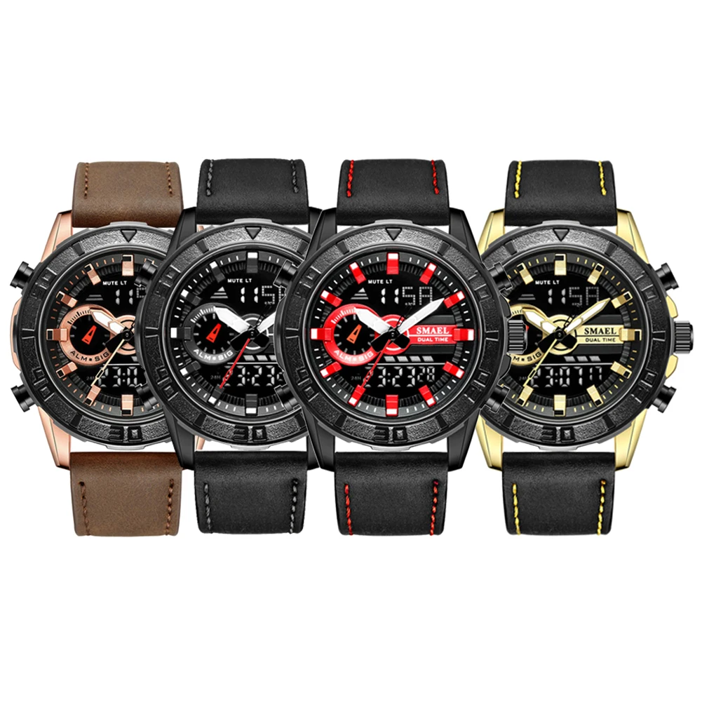 

SMAEL Men Fashion Faux Leather Straps Waterproof Analog Digital Display Quartz Watch Male Sports Watches