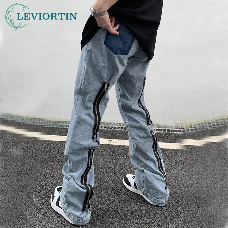 

Retro Vibe Style Washed Ripped Jeans Pants Mens High Street Frayed Straight Oversized Casual Back Zipper Denim Trousers