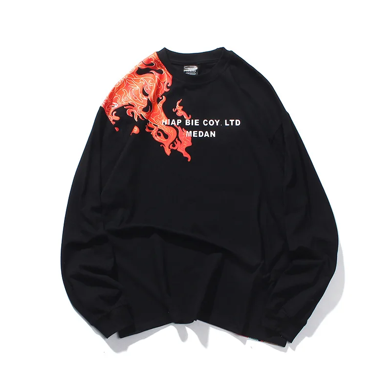 

Chinese Style Crane Flame Print Loose Thin Sweatshirts O-Neck Couple Hoodies Tops Women Men Casual Long Sleeve Cotton T Shirts