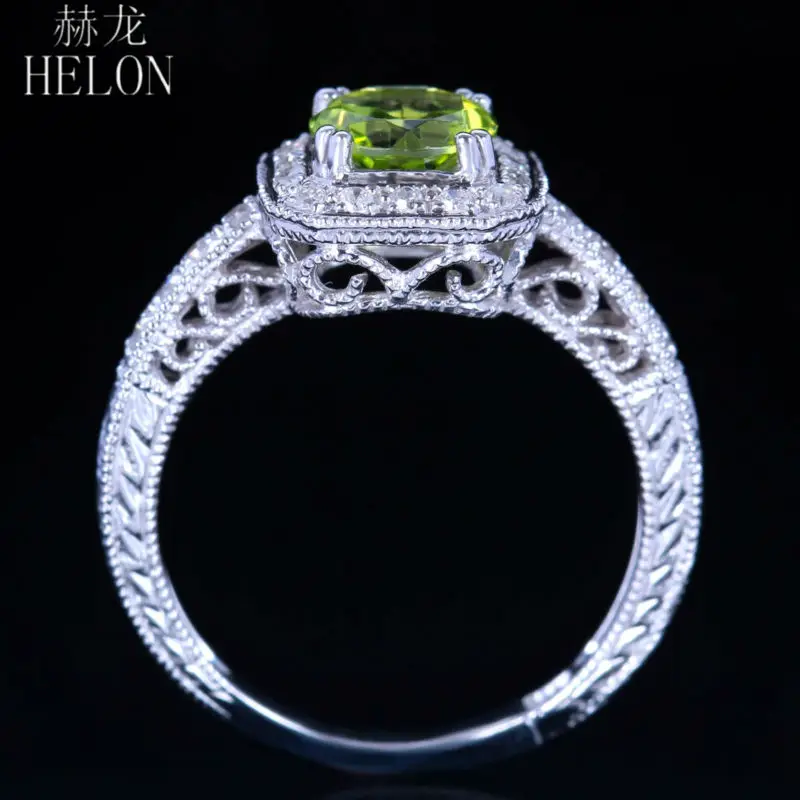 

HELON Solid 14K White Gold Round 6MM Genuine Natural Peridot & Diamonds Engagement Wedding Ring Women Vintage Trendy Jewelry