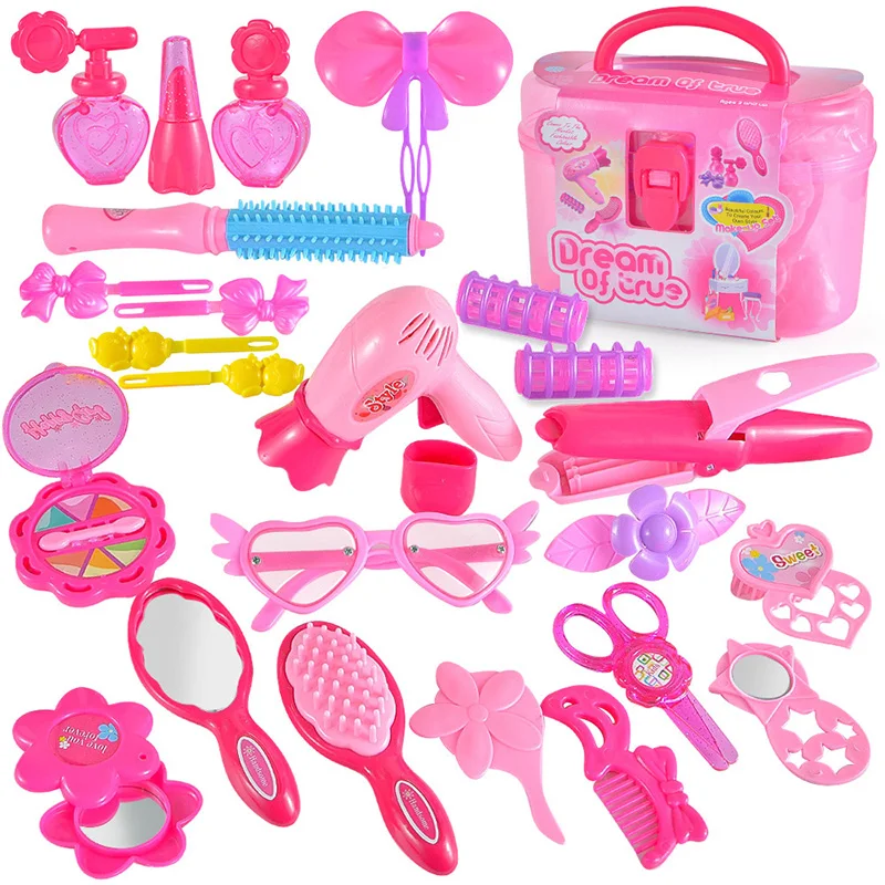 

Kids Makeup Toys Set Princess Pretend Play Beauty Hairdressing Salons Hairdryer Comb Simulation Box Pretend Play Toys For Girls