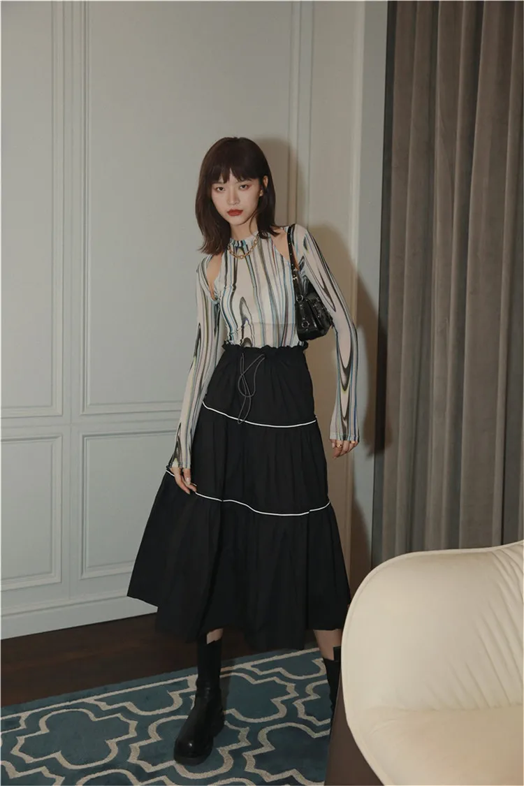 

CHEERART Reflective Black High Waist Skirt Long A Line Drawstring Midi Ruffle Autumn Skirt Womens 2020 Korean Fashion Clothing