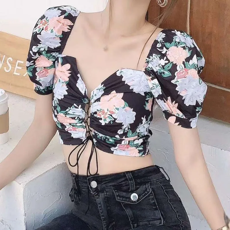 

Women Blouses Liva Girl Floral V-Neck Puff Sleeve Sexy Navel Short Shirt Blusas Top One Size Vetements Femmes