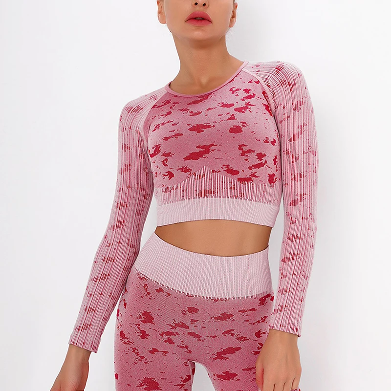 

Antibom Camo Yoga Top Women Long Sleeve Shirt Gym Crop Top Sport Fitness Workout Shirts Running Quick Dry Breathable