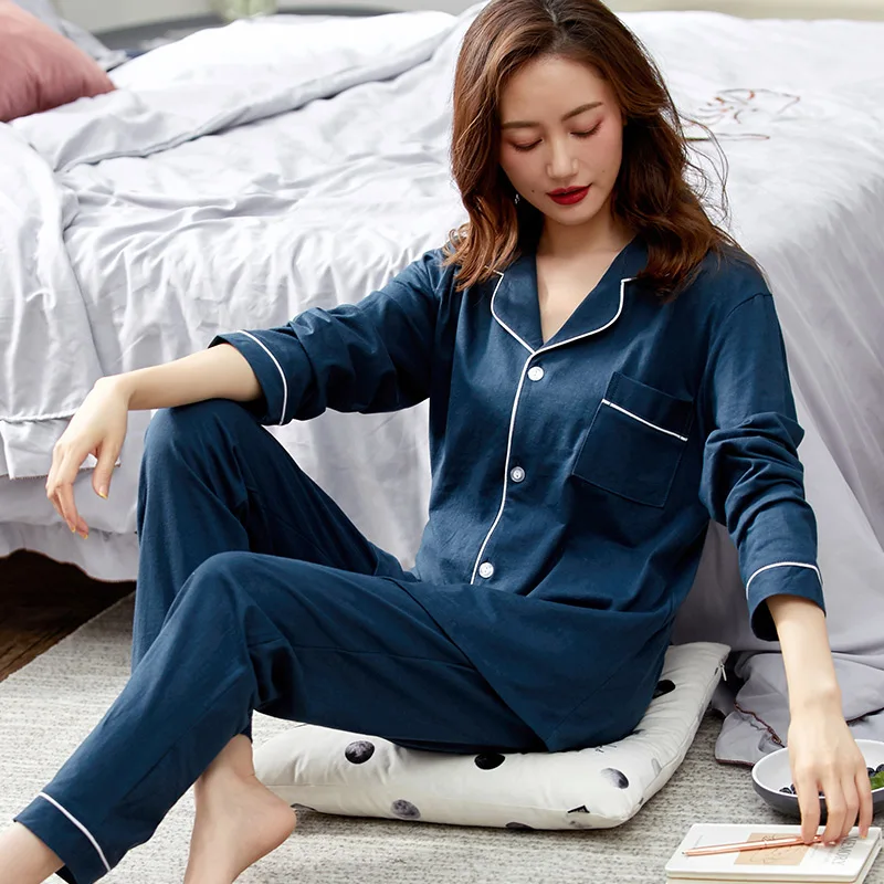 

Winter 100% Cotton Pajama for Women PJ Full Sleeves Homewear Blue Pijama Mujer Invierno Pure Cotton Sleepwear 2PCS Pyjama Femme