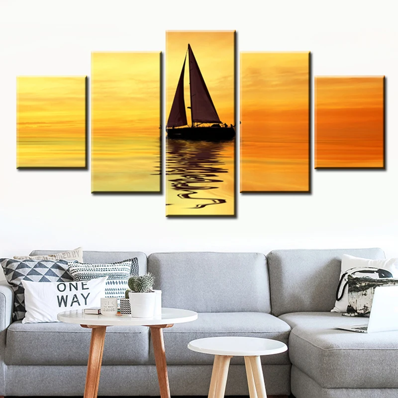 

5 Panels Sunset Boat on Sea Horizon Canvas Painting Wall Art Posters and Prints Wall Picture for Living Room Cuadros Decoracion