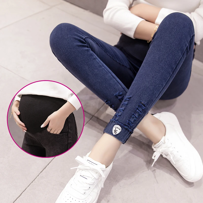 2022 Vintgae Washed Denim Maternity Jeans for Pregnant Women Clothes Elastic Waist Belly Loose Pants Pregnancy Gravidas Clothing