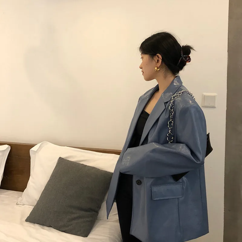 

Pu Faux Leather Coat For Women 2021 New Korean Loose Lapel Green Long Sleeve Gothic Jacket Autumn Clothes Vintage Female Outwear