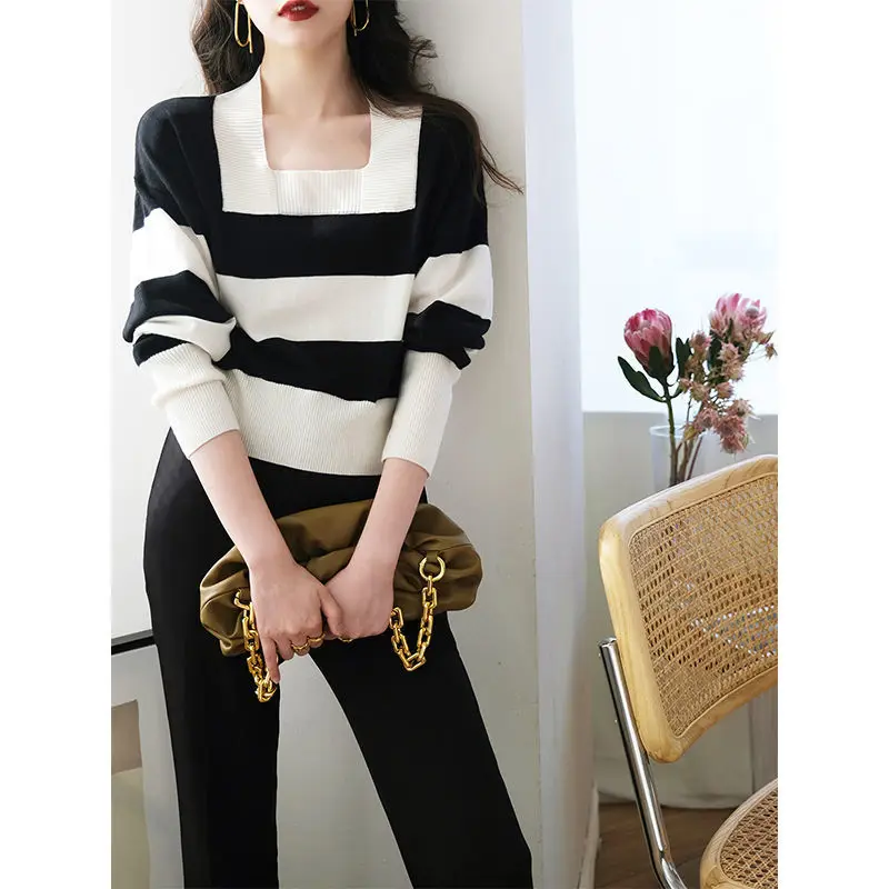

EBAIHUI Square Neck Sweater Women Striped Short Lantern sleeve Sweates Pullover Y2K Casual Knitted Tops Elegant Fashion Jumpers