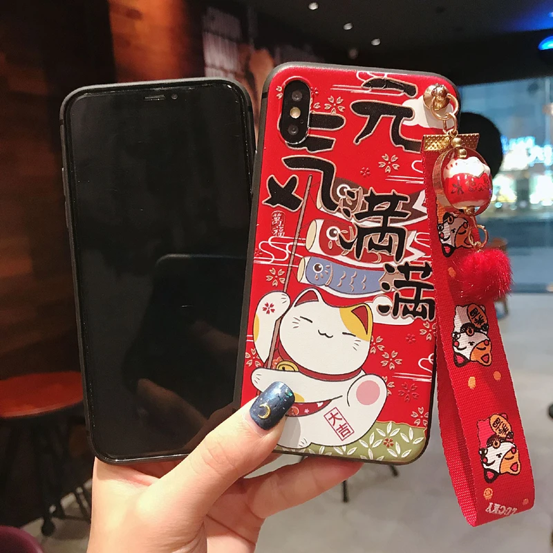 В японском стиле Lucky Cat 3D телефона с тиснением и изображением чехол для Samsung S10e S8 9 10