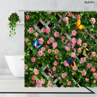 butterfly floral pastoral scenery shower curtains green vine rose flower wall art printed bathroom waterproof curtain home decor