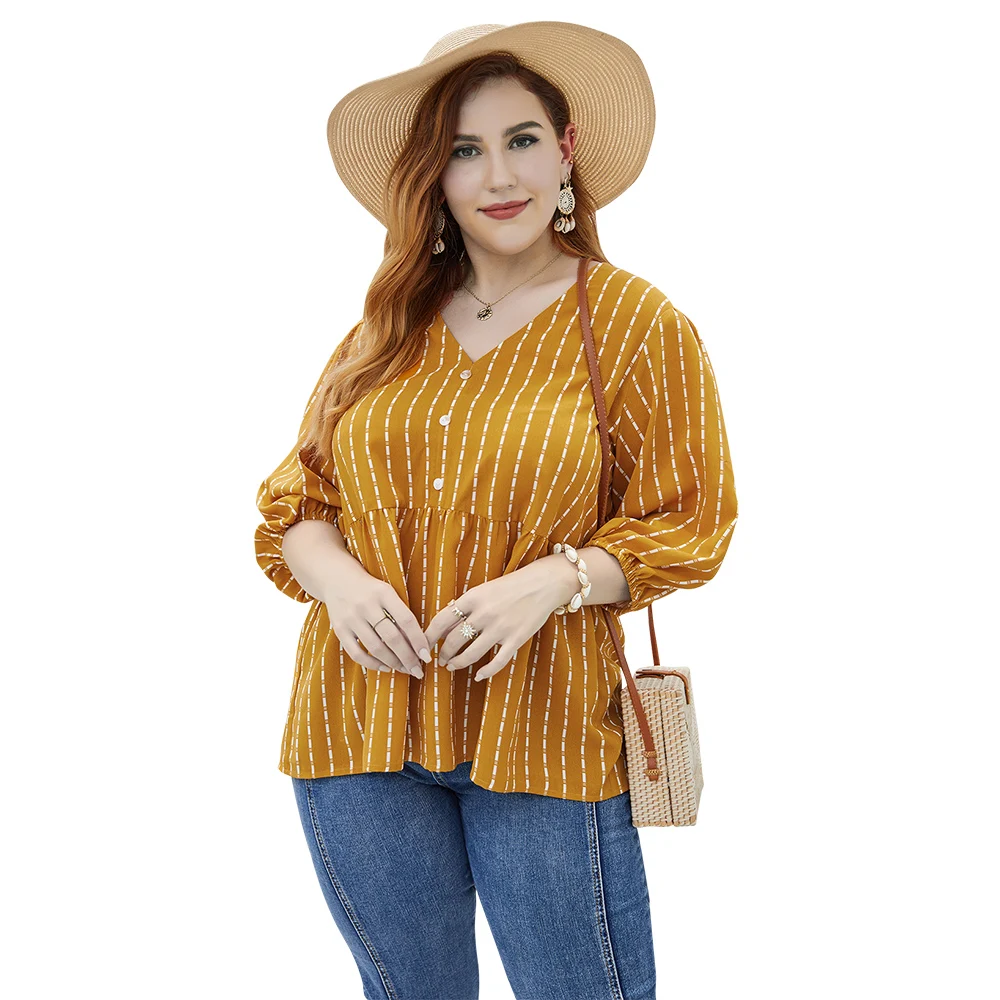 

GXDS Plus Size Blouse 2020 Elegant Ruffled Long Sleeve Loose Button Sexy V-neck Striped Office Shirt Fashion New Shirt Pullover