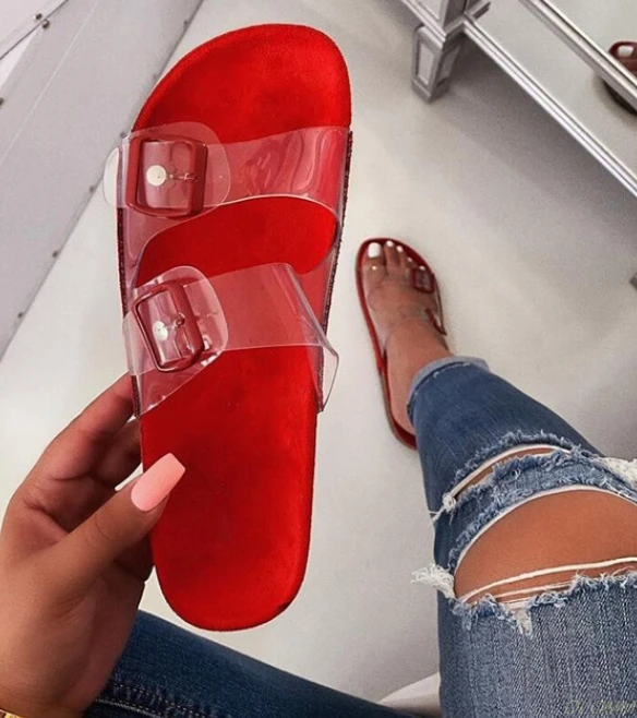 

Clear shoes 2020 new summer open toe belt buckle flat slippers ladies Snake shallow casual beach Slide woman shoes