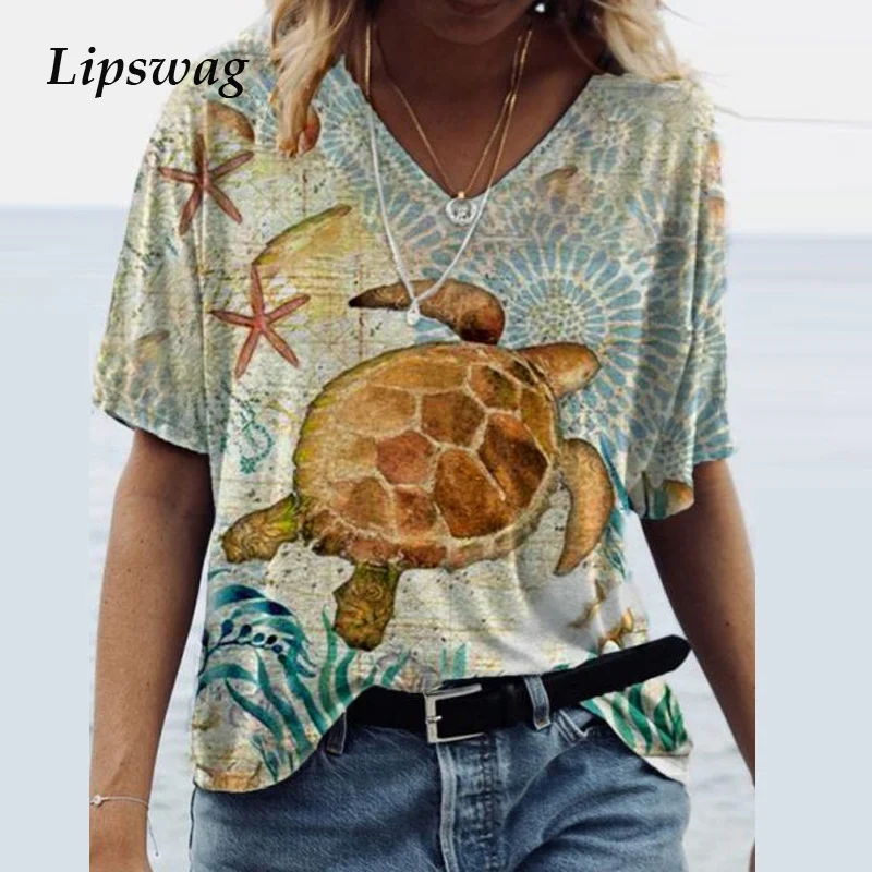 

Women Vintage Abstract Turtle Printed Blouse Shirts 2021 Summer Sexy V Neck Short Sleeve Pullover Tops Ladies Casual Loose Blusa