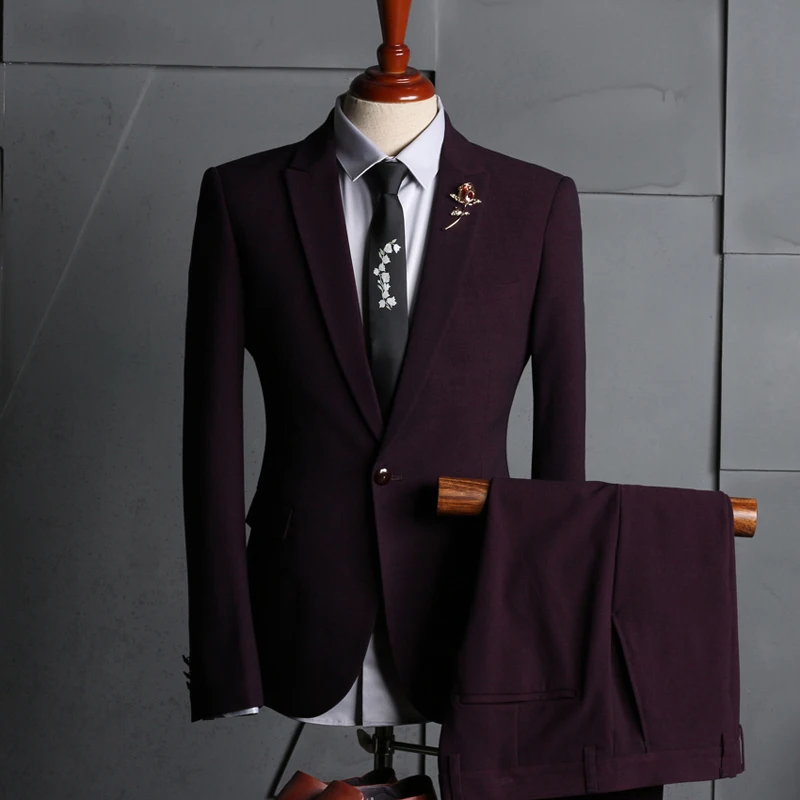 

OIMGMen's suit three-piece wine red wedding dress hair stylist business casual suit