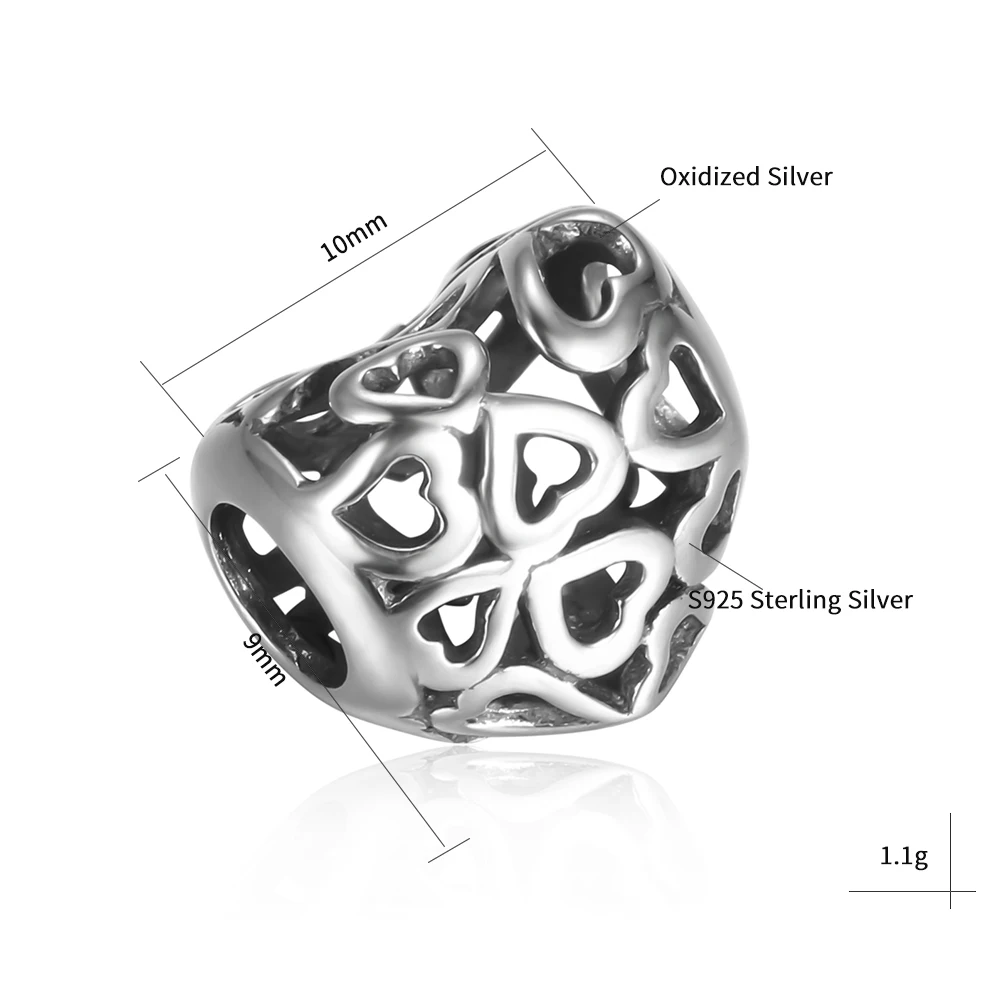 

925 Sterling Silver Hollow Love Heart Shape Beads Charm Bracelet Beads for Jewelry Making Women Accessories