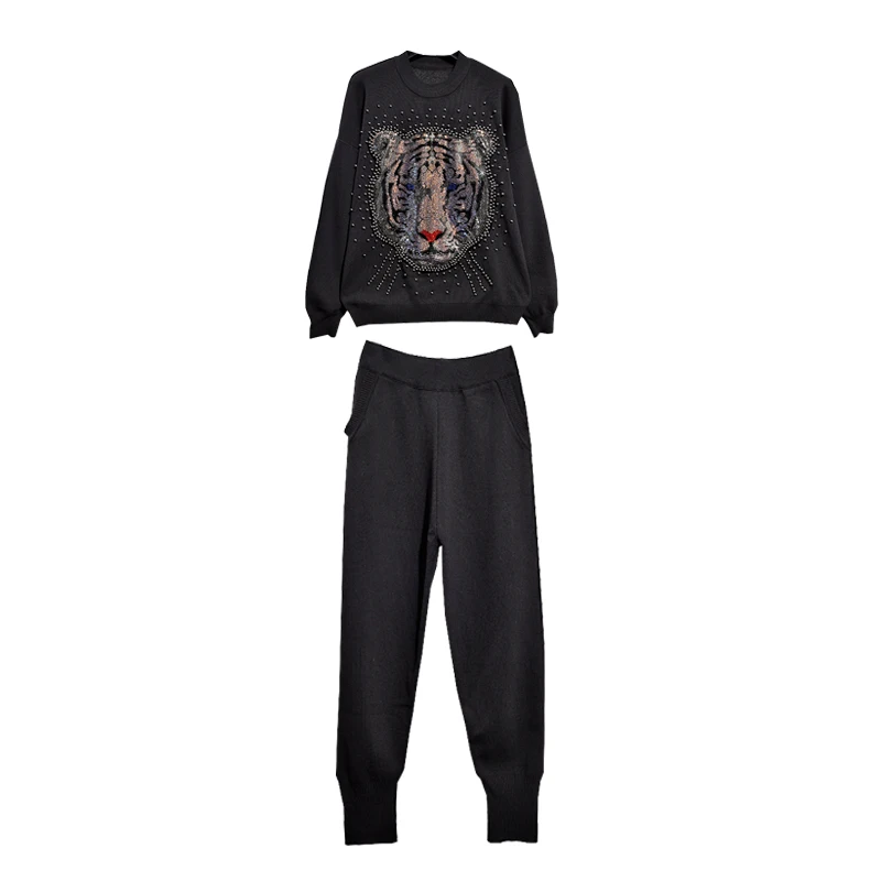 

Autumn Winter Women Beaded Animal Pattern Knitted Sweater Elegant Casual Suit Female Two-Piece Sets Cotton Drop-Shoulder Black