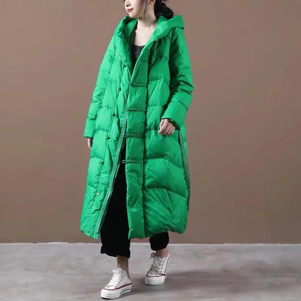 

National style disc buckle retro Women's Down Jacket New Long 90% Duck Down Coat female thick Warm Hooded down Outwear F2163