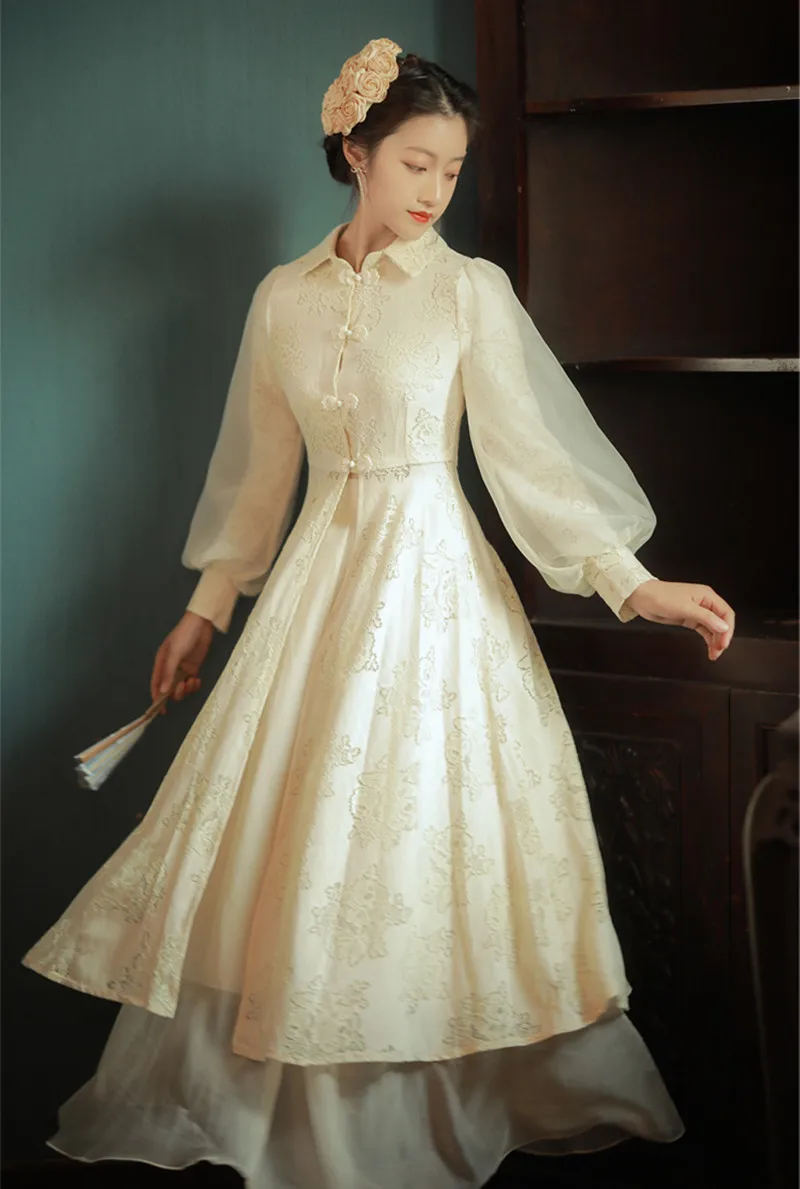 

Женский комплект из 2 предметов, шифоновое Кружевное платье-Ципао в винтажном китайском стиле с вышивкой и рукавами-фонариками