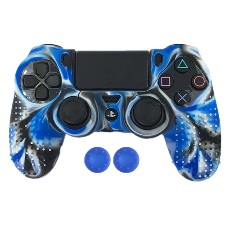 2 в 1 Шипованный Противоскользящий силиконовый чехол для sony playstation Dualshock 4 PS4 Pro тонкий контроллер и свободные ручки - Цвет: Camo Blue