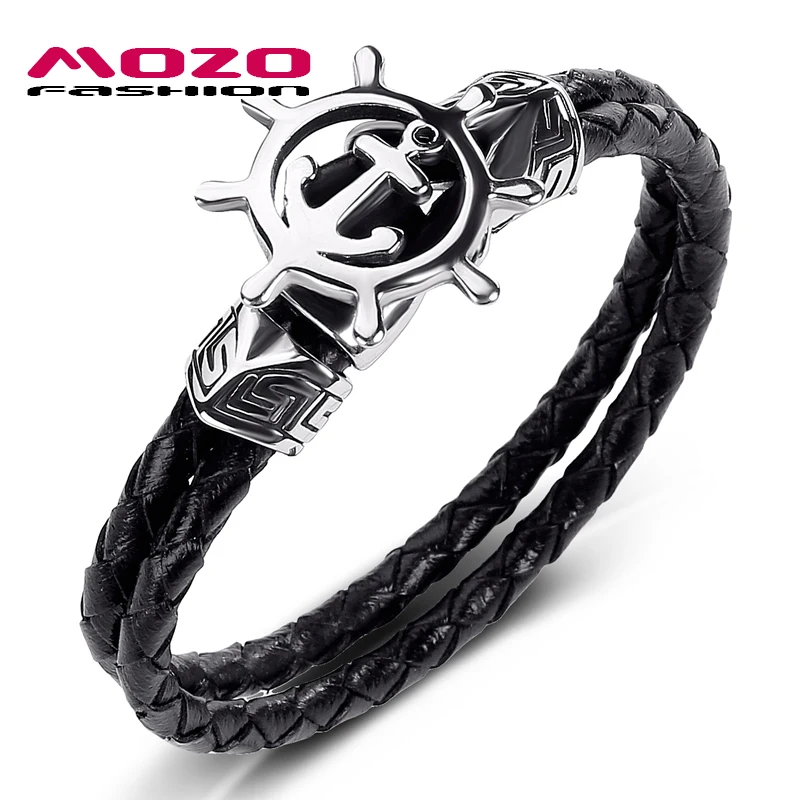 

2020 New Men Jewelry Black Genuine Leather Bracelets Stainless Steel Punk Anchor Rudder Charm Simple Women Bangles