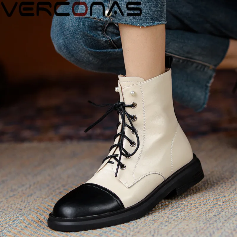 

VERCONAS Retro Brand Woman Ankle Boots Autumn Winter Warm Cow Leather Party Office Prom Basic Shoes Classic Design Shoes Woman