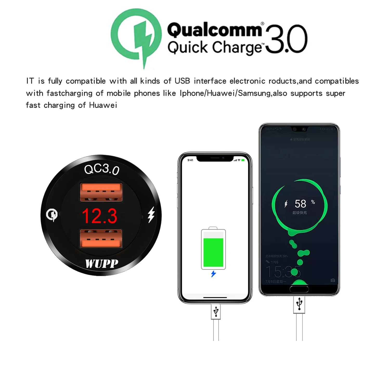 

Motorcycle aluminum alloy waterproof mobile phone charger, digital display voltage, car QC3.0 dual USB super fast charge