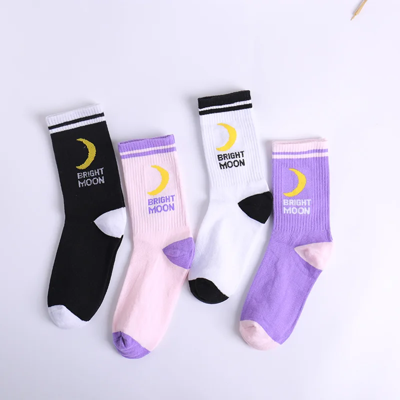 

Женские и мужские длинные носки в полоску Q, дышащие Спортивные Повседневные носки в стиле хип-хоп в стиле Харадзюку для пар, с надписью Moon, м...