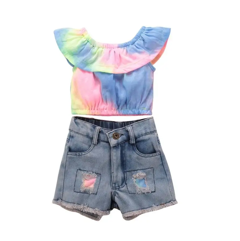 

Girls Kids 2Pcs Clothes Set Ruffles Tie Dye Shirt Tops Short Ripped Jeans Outfits Summer Children Sets