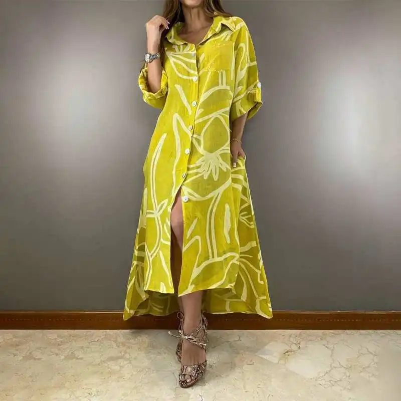 

VONDA Women Shirt Dress 2021 Casual Long Sleeve Lapel Button Down Dresses Vintage Printed Holiday Long Robe Bohemian Vestidos