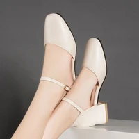 2021 new spring and autumn leather mid heel round toe low top buckle womens single shoes