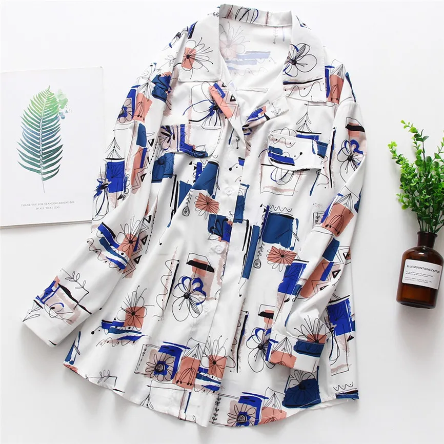 Милые женские блузки 2019 Модный женский топ Ретро стиль с принтом длинный рукав