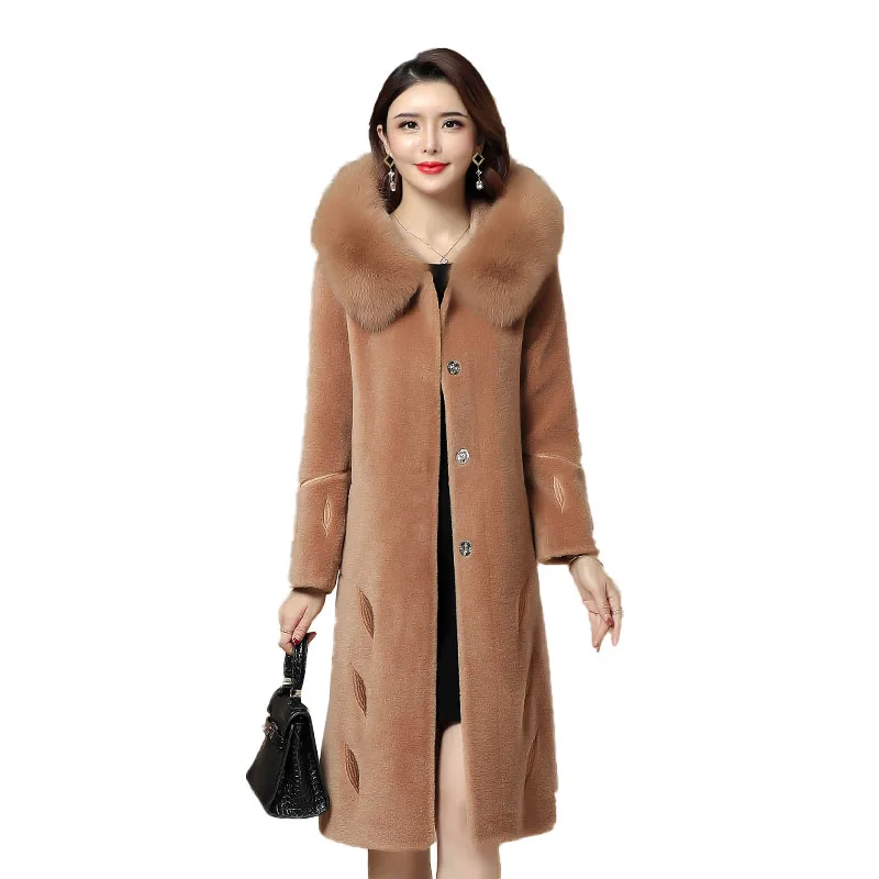 

Sheep Shearing Coat Woman Winter Jacket Female New Medium Long Thicken Fox Fur Collar Hooded Fur Jackets Overcome