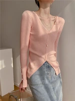 spring and autumn new style v neck slim slimming irregular trumpet sleeve threaded sweater womens pullover top dropshipping