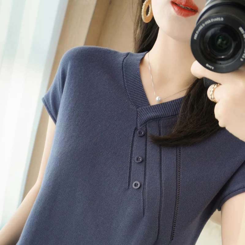 

Knitted T-shirt Women's V-neck Spring/Summer 2021 New Cotton Short Sleeve Drawstring Button Vest Thin Loose Top Half Sleeve