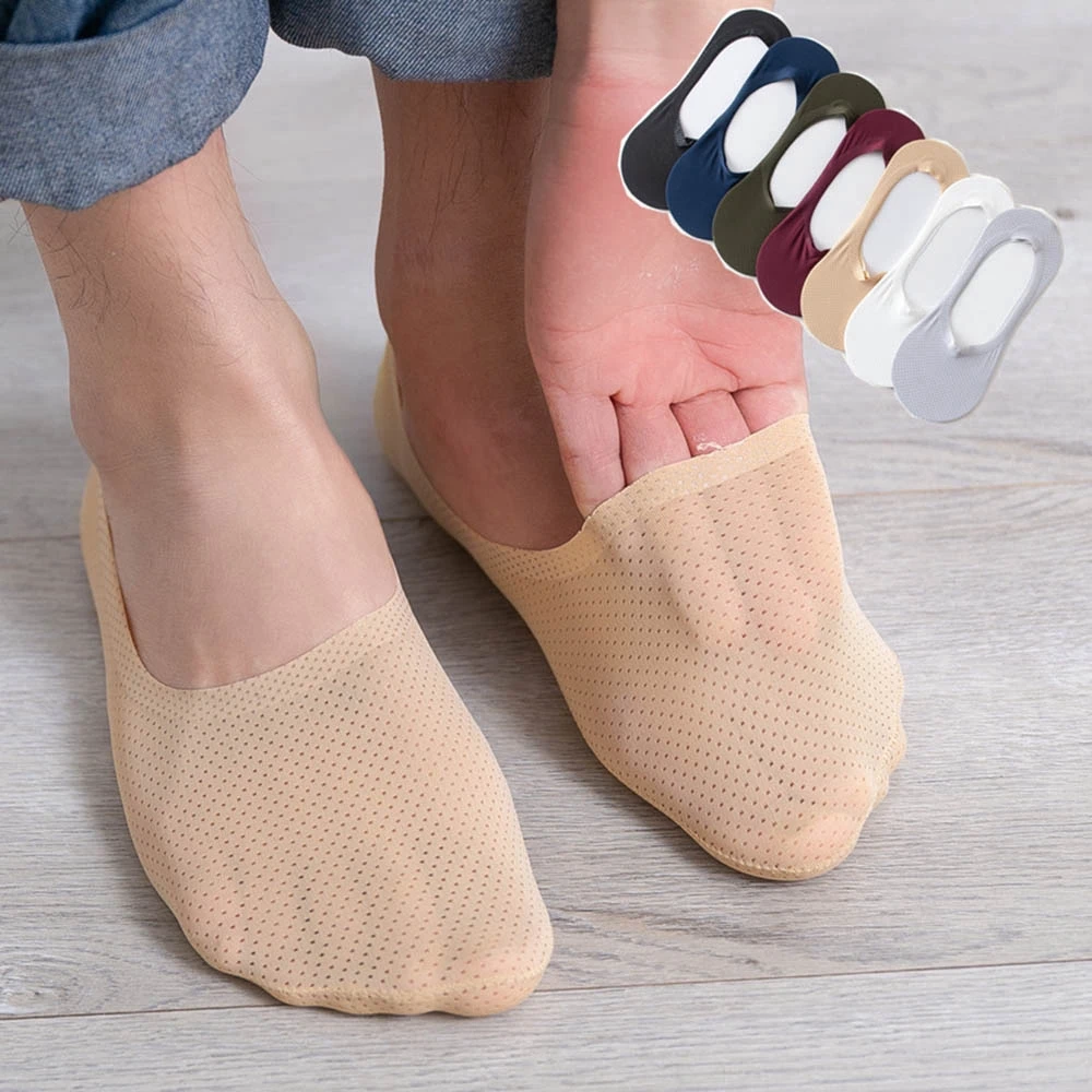 

Invisible Mesh Ice Silk Hollow Breathable Boat Socks Men Woman Summer Silicone Heel Anti Slip Ultra-thin Cotton Ankle Socks 2021