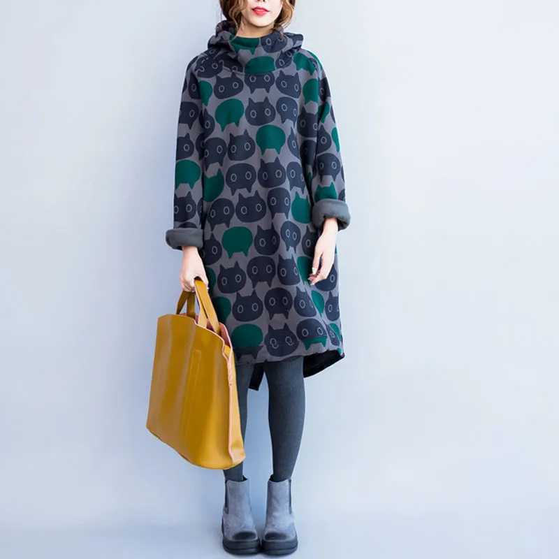 

Женская толстовка с капюшоном, винтажная Толстовка большого размера с принтом кота d, бархатная толстовка с капюшоном, толстая хлопковая то...