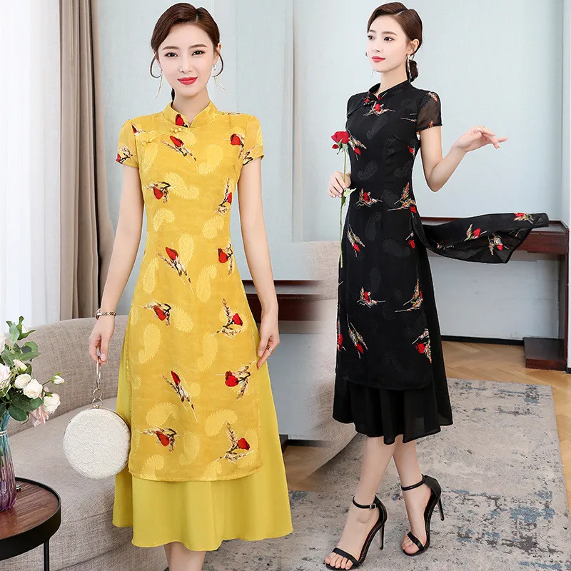 

Chinese style dress for women long summer 2020 new Short-sleeved dress ladies improved cheongsam dress elegant fashion printing