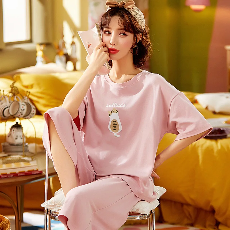 

ATUENDO Summer Kawaii Pink Pajama Set for Women Atoff Home Korean Fashion Soft Sleepwear 100% Cotton PJS Satin Silk Nightwear