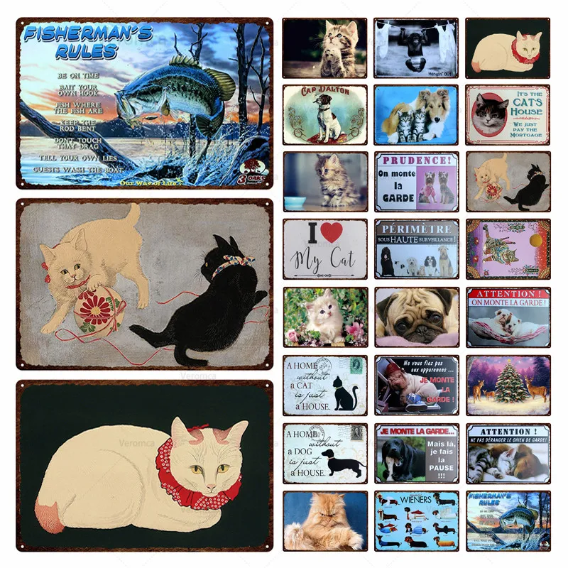 

Nodic Style Lovely Animals Tin Sign Vintage Metal Wall Decor Fish Cat Retro Poster Plaque Fish Pond Farm Art Iron Plate