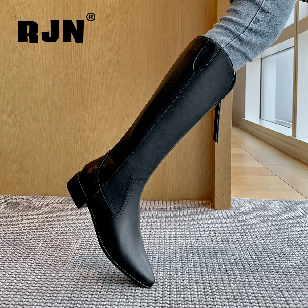

RJN New Autumn knee-high Boots High Quality Breathable Cow Leather Stylish Chelsea Boots Pointed Toe Low-heel Shoes Women RO342