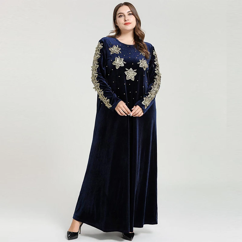 New Muslim Fashion Large Size Women's Middle East Arabic Embroidered Beaded Gold Velvet Dress Islamic Turkey Dubai Elegant Style |