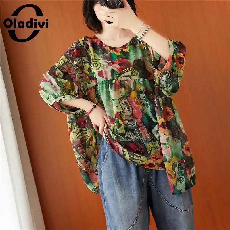 

Oladivi Plus Size Fashion Print Chiffon Blouse Woman Spring Summer 2021 New 3/4 Sleeve Loose Oversized Shirts Top Tee Big Tunics