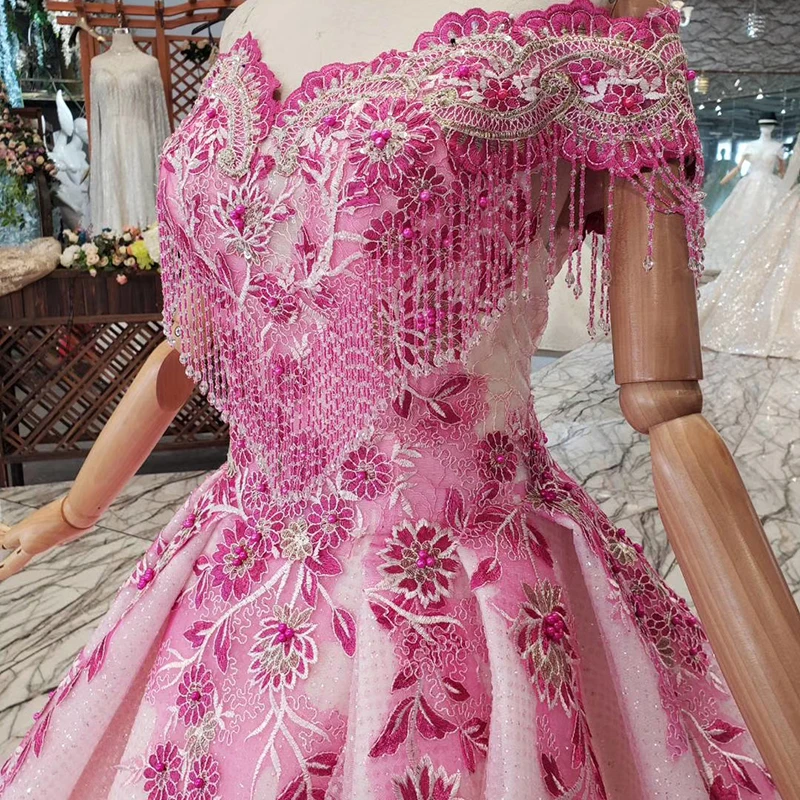 BGW 3230ht A-line Pink Evening Dress 2020 Flower Off The Shoulder Beaded Tassel Lace Up Back Lace Evening Formal Dress For Women
