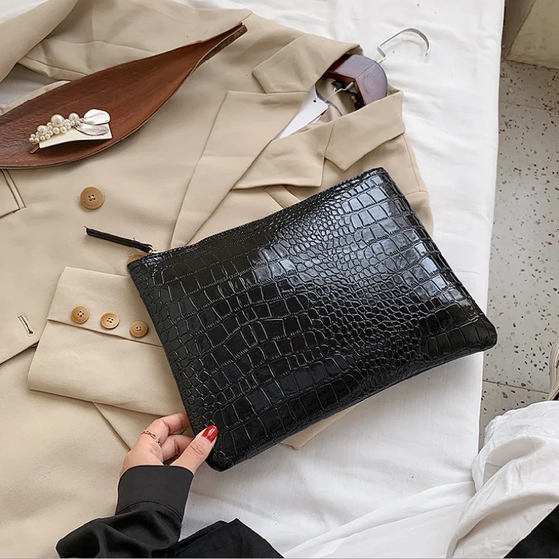 

Women Handbag Crocodile Pattern Clutch Bag Pochette Female Casual Solid Color Zipper Envelope Square Bags