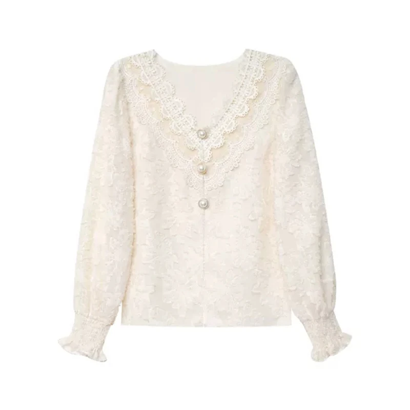 

2020 spring and autumn new women's sexy lace solid color chiffon shirt knitted button large long sleeve V-neck top Fashion