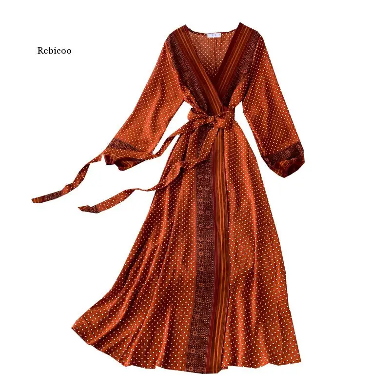 

Женское винтажное платье, весна-осень, облегающие сексуальные платья с V-образным вырезом, элегантное женское шифоновое пляжное платье в го...