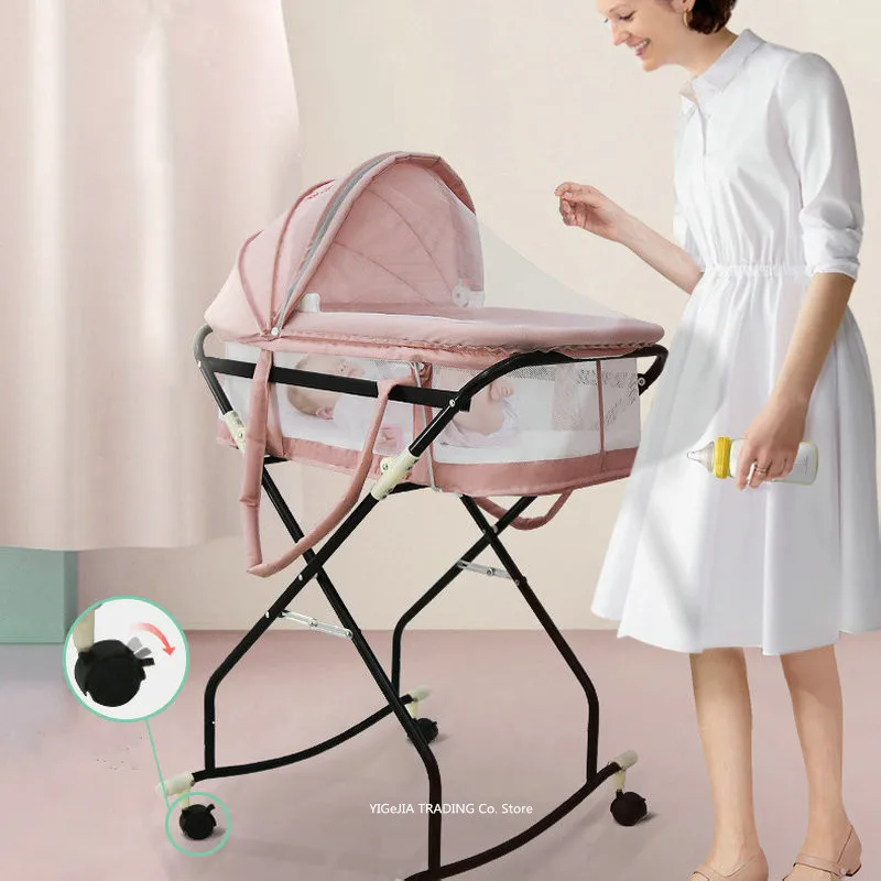 All-In-One Baby Bed Rocking Bassinet, Portable Travel Infant Crib With Metal Frame